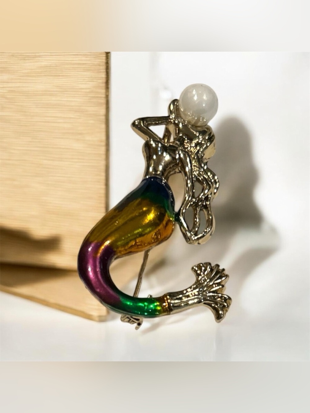 Multicolor Enamel Mermaid Brooch with Pearl Accent